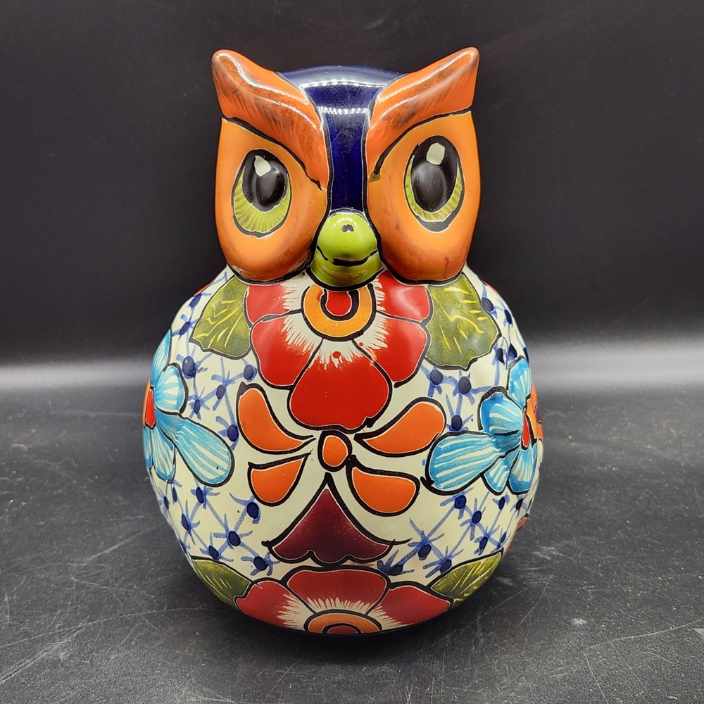 Talavera Pottery Owl Figurine Hand Painted Mexican Folk Art Floral Blue Orange